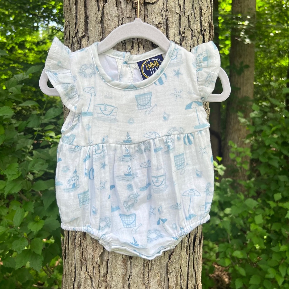 NWOT Light Blue Beach Print Baby One-Piece Bubble/Romper